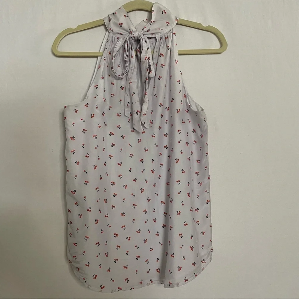 J. Crew Silk Blend Cherry Print Sleeveless HighTie Neck Halter Blouse Top